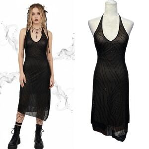 Vtg Y2k Womens Sz XS Halter Dress Black Overlay Sheer Whimsigoth Fairy Ethereal